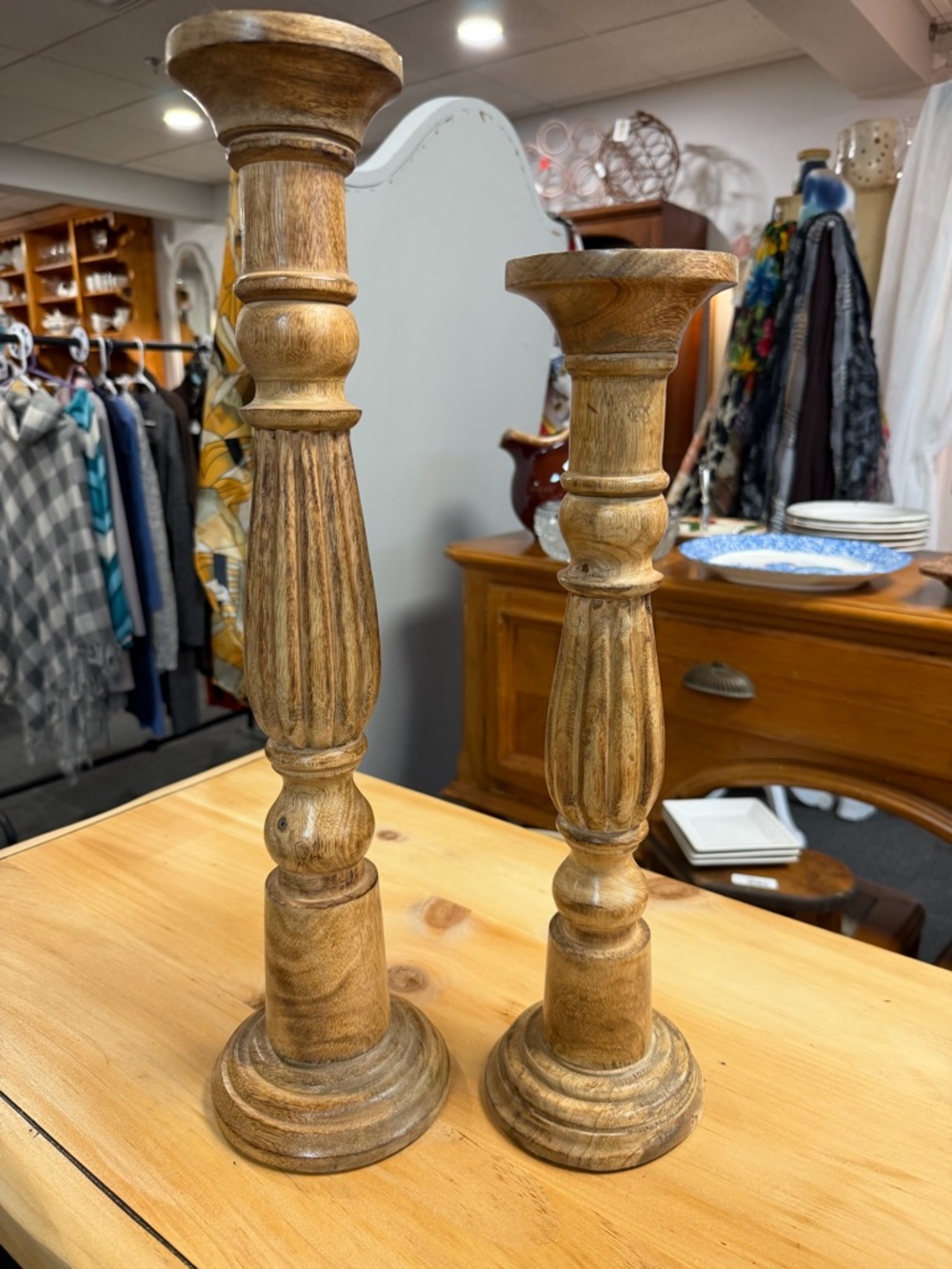 Unbranded Natural Wood Turned Candle Holders - Set of 2